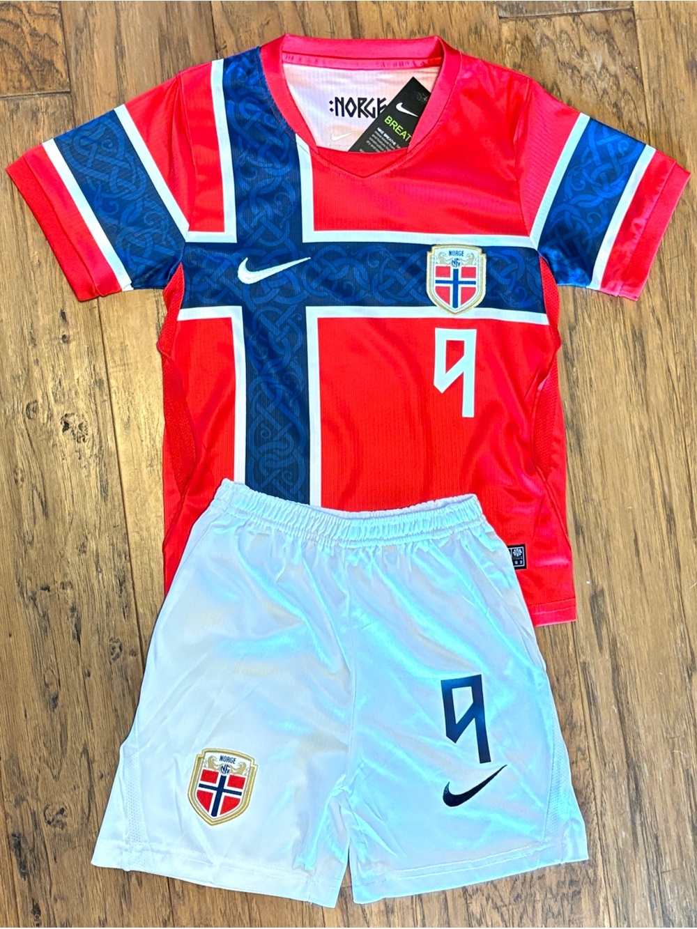 Haaland Nike Kids Youth Norway Red Soccer Jersey & White Shorts Set